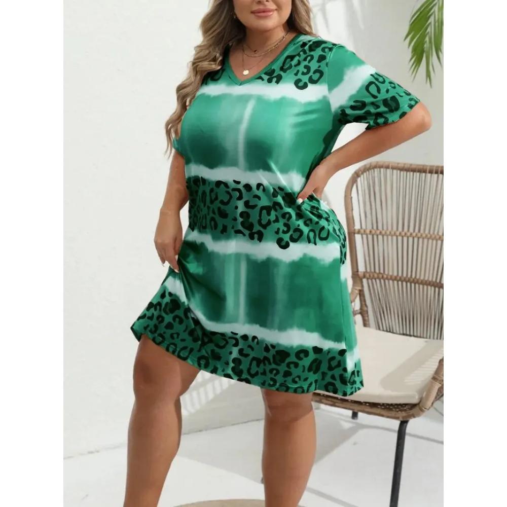 Dámské módní ležérní šaty nadměrných velikostí S-6XL Šaty s krátkým rukávem Tie-dye Leopardí potisk Šaty s krátkým rukávem s výstřihem do V
