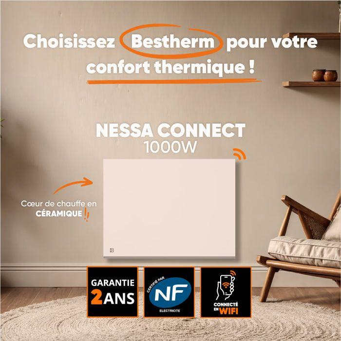 Radiateur électrique fixe connecté WiFi à inertie sèche céramique - BESTHERM - NESSA CONNECT 1000W - horizontal blanc