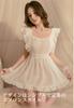 sheer cute babydoll lingerie with back showing set for women [AQURAD] Apron-style frills, ribbon, back, 4-piece (White, Free)