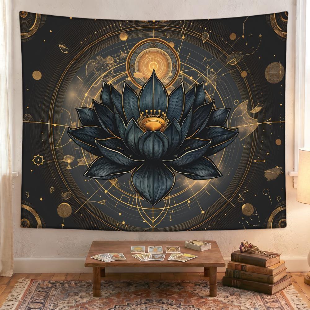 Lotus of the Cosmos Tapestry, Celestial Black Lotus Wall Hanging, Boho Spiritual Decor for Bedroom, Studio or Altar, Spiritual