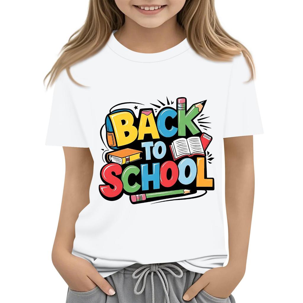 Children's Casual and Fashionable Round-Neck Printed Short-Sleeve Top for Back-to-School