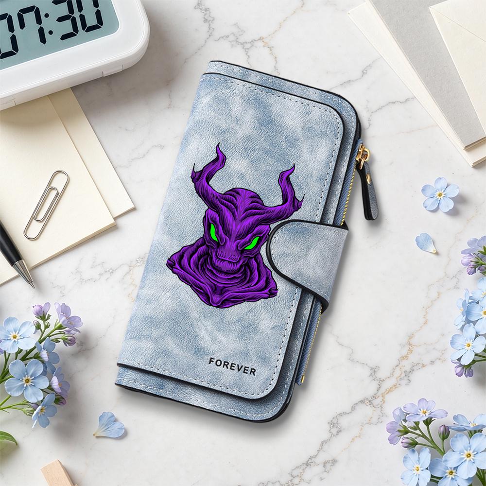 Gothic Purple Demon Pattern Long Wallet Cool Multislot Casual Card Holder Fashion Zipper Purse