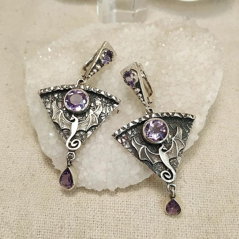 Punk Goth Dangling Earring Silver Plated Flying Dragon Inlay Purple Earrings For Women Jewelry Party Accessories