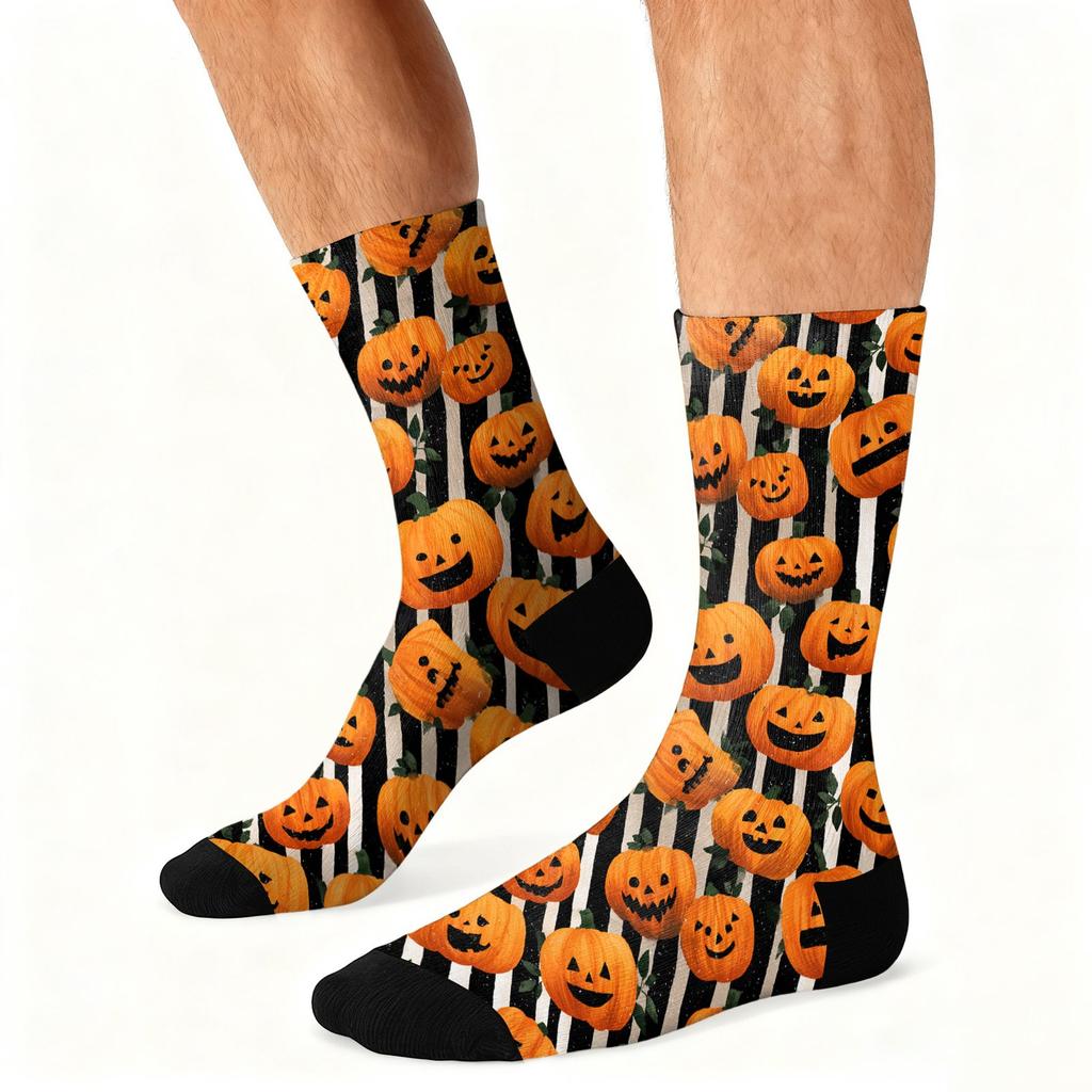 Unisex Breathable Mid-Calf Socks Halloween Pumpkin Pattern Comfortable Stretch Fit Athletic Socks for Everyday Wear