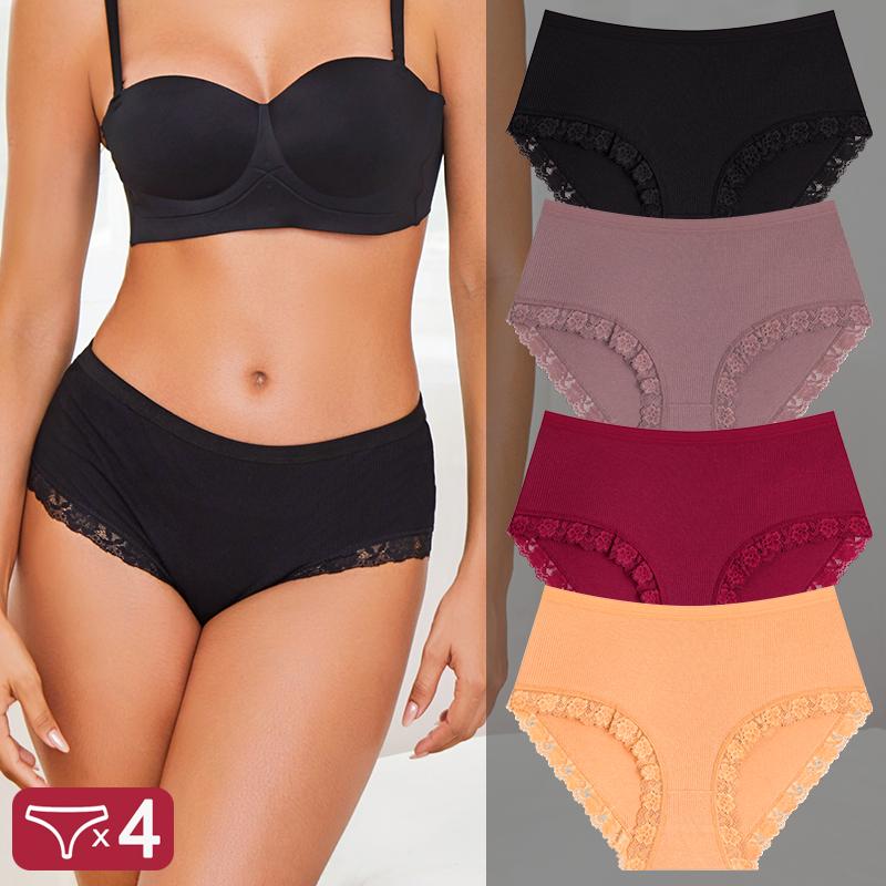 FINETOO 4Pcs/Set Ladies Mid Rise Underwear Cotton Ribbed Panties Floral Lace Edge Underpants Breathable Soft Women Briefs Multi‑color