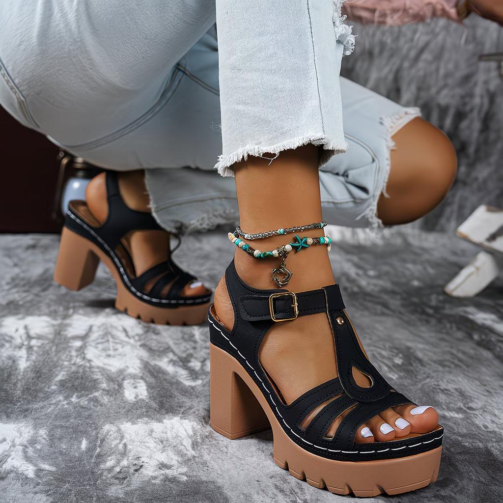 New Ethnic Style Roman Car Line Sandals Summer T-Heels with Casual European and American Thick Heels Women'S High Heels, Women Shoes