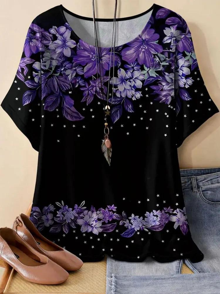 Summer women's printed pattern T-shirt casual short sleeved top fashionable women's round neck T-shirt