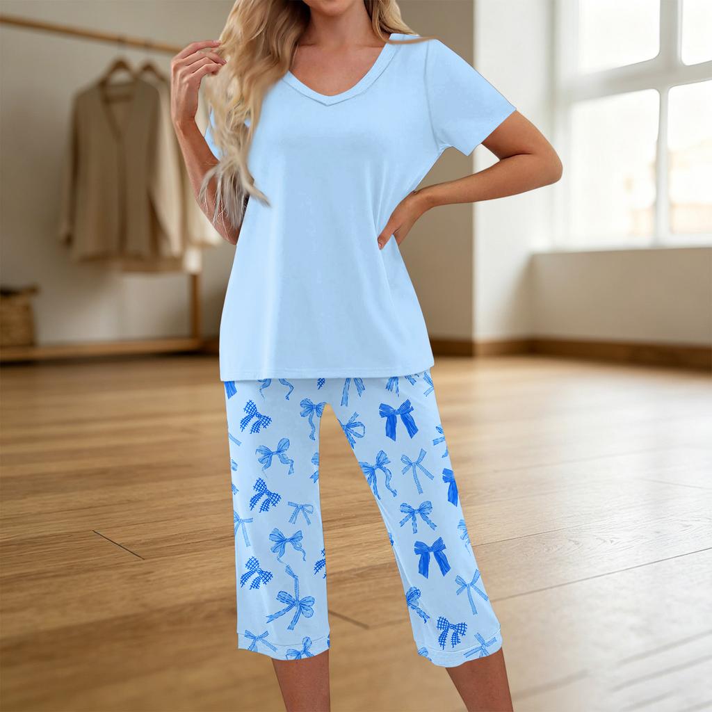 Women's Printed Short Sleeve Pajama Set - Casual Two Piece Sleepwear with Pants