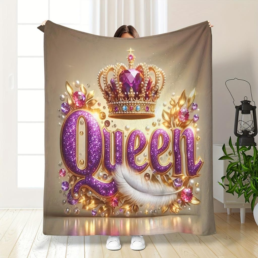 Contemporary Queen Crown Print Flannel Throw Blanket, Soft Warm Knitted Polyester Throw for Sofa, Office, Bed, Camping, T