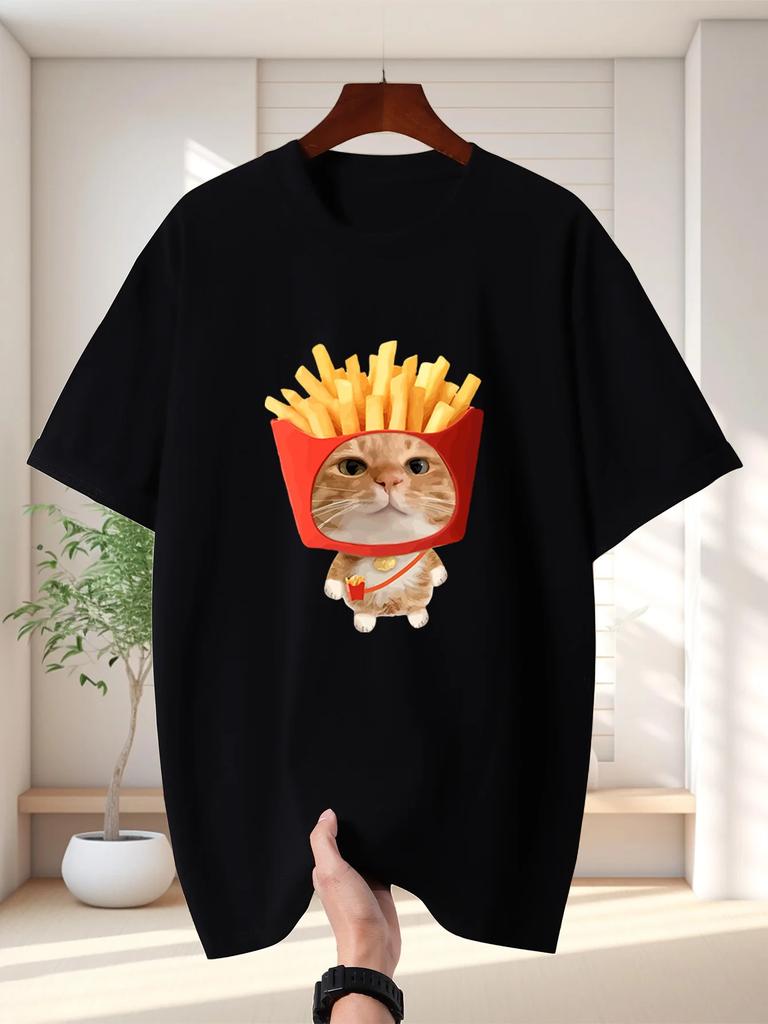 Unisex T Shirt Cute Fries Bucket Orange Cat Graphic Tee Funny Food Pet Print Short Sleeve O Neck Loose Casual Top Summer Streetwear