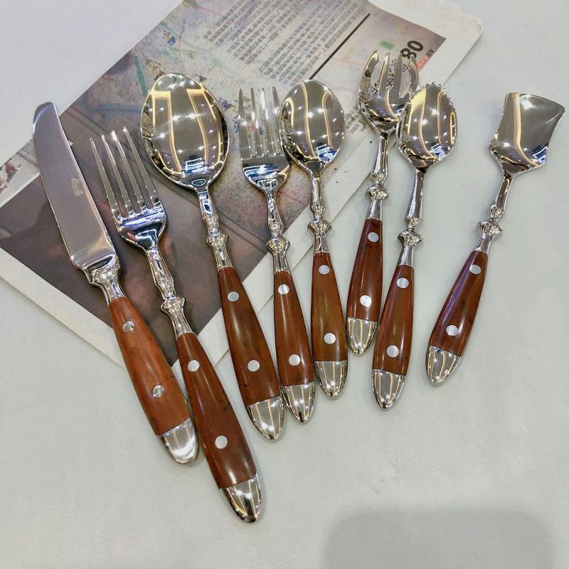 Stainless Steel Western Tableware Set, Two Nails, Knife, Fork and Spoon, Wooden Handle, Knife, Fork and Spoon, Stainless Steel Knife