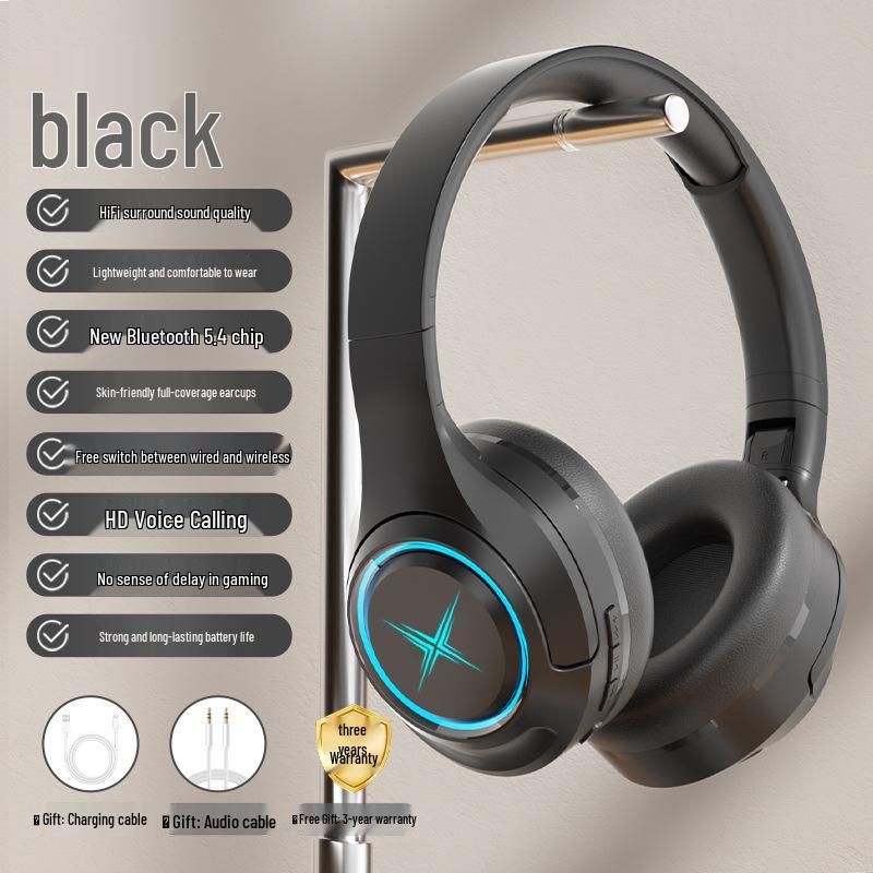 New 2025 Over-Ear Wireless Bluetooth Gaming Headset with Noise Cancelling, Card Slot, Luminous Design, and Extended Battery Life.