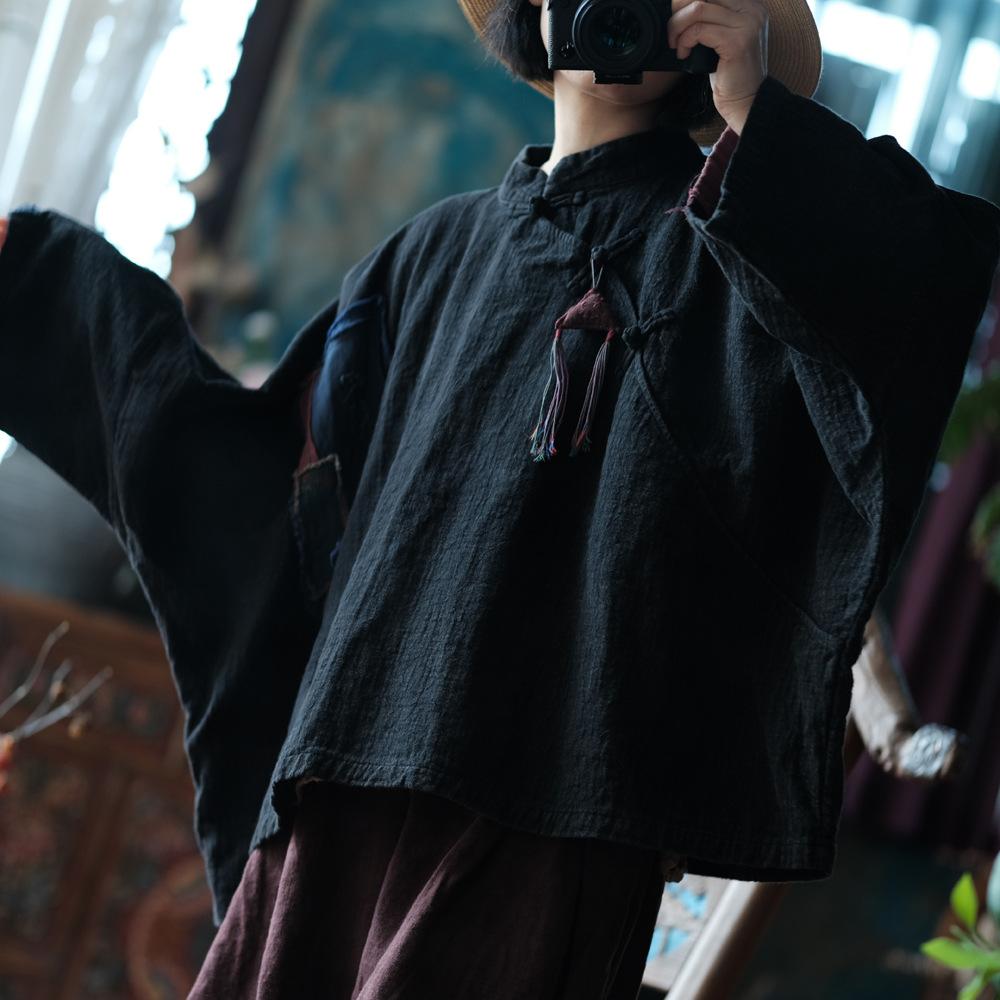 

Johnature Женские черные рубашки в китайском стиле, винтажные блузки с рукавами «летучая мышь», свободные рубашки на весенних пуговицах для женщин чёрный