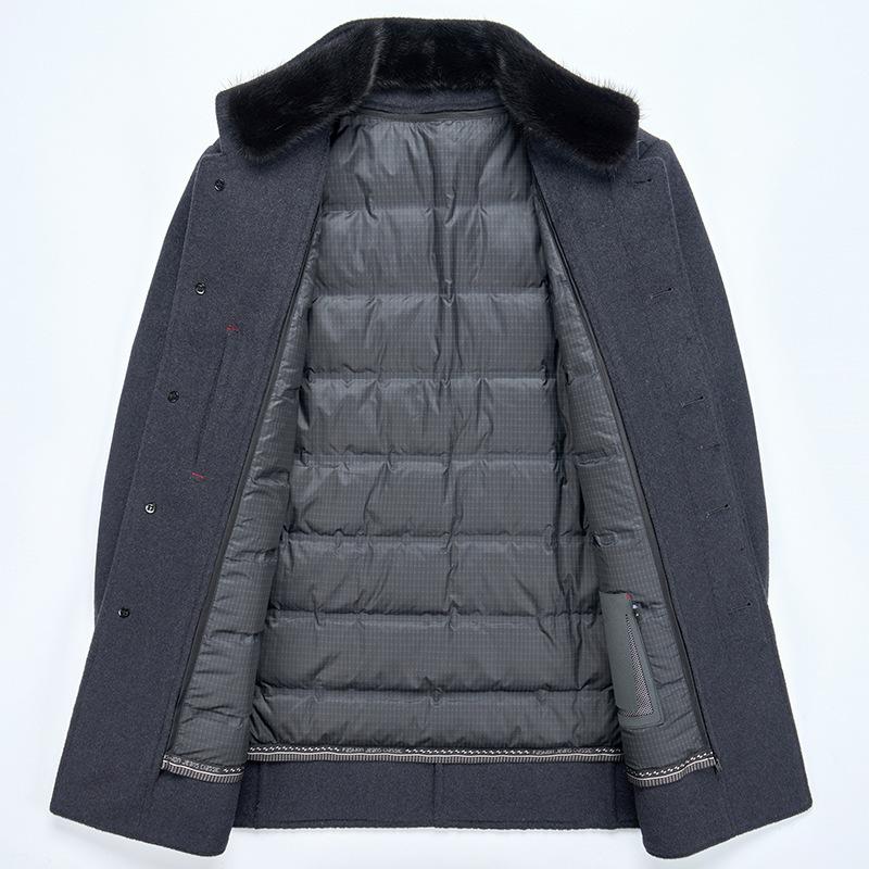 Middle-aged and Elderly Men's Woolen Coats Mid-length Stand-up Collar Down Lining Autumn and Winter Double-sided Woolen Coats Men's Two-piece Set