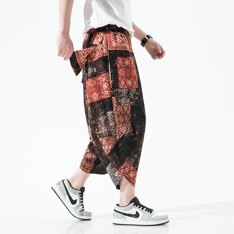 2025 Summer Men's Plus Size Ethnic Print Harem Pants - Loose Fit, Straight Leg, Drop Crotch