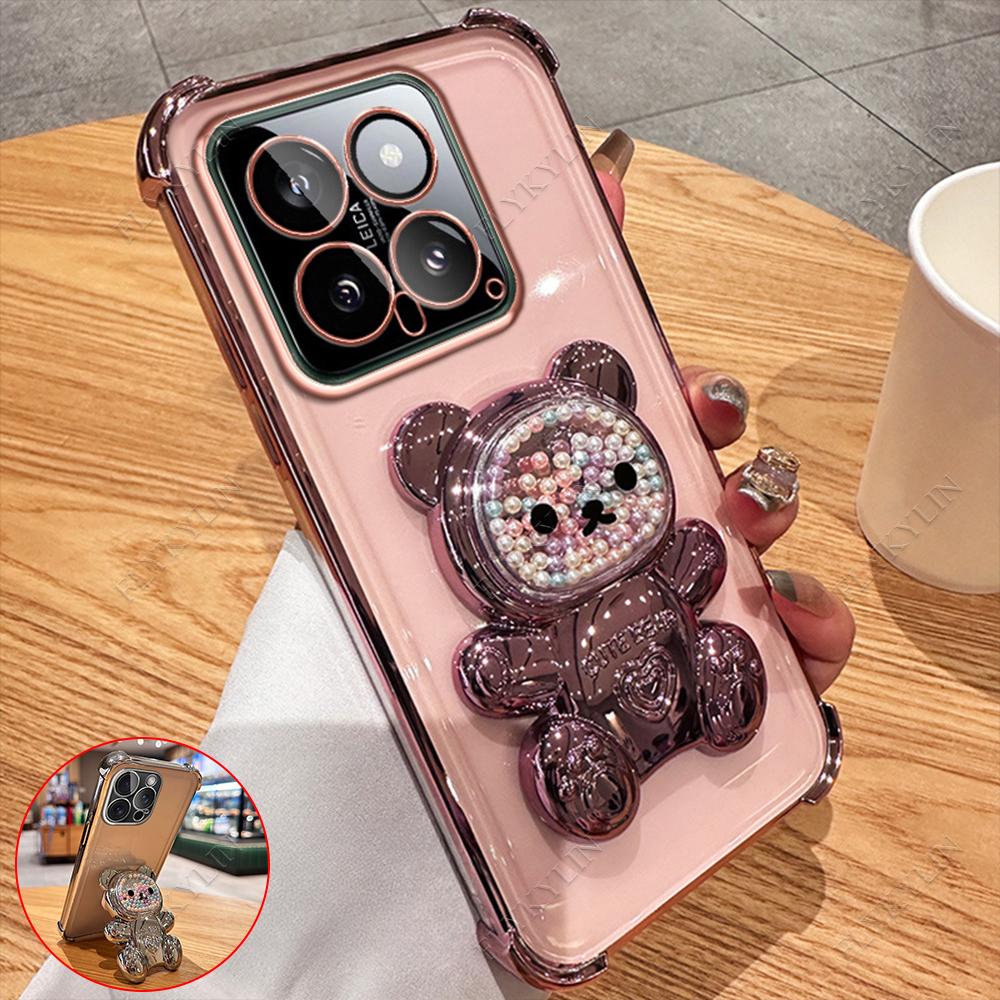 FLYKYLIN Coque de téléphone mignonne avec support ours plaqué pour Xiaomi Redmi 15C 14C 13 13C Housse transparente avec support