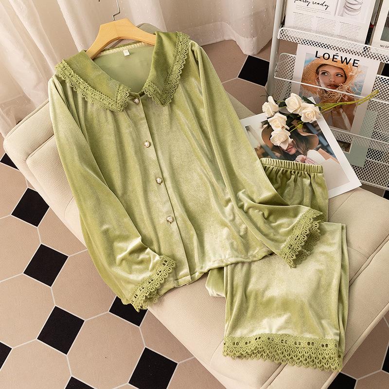 

Пижама с бархатными лацканами, женская сексуальная пижама с кружевной отделкой, свободная повседневная домашняя одежда, кардиган с длинными рукавами, брюки, домашняя одежда из двух частей XL