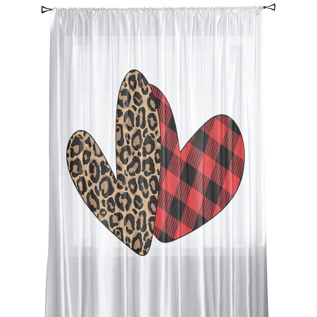 Valentine 'S Day Love Red Leopard Plaid Tulle Curtains For Living Room Decoration Modern Chiffon Sheer Voile Kitchen Curtain