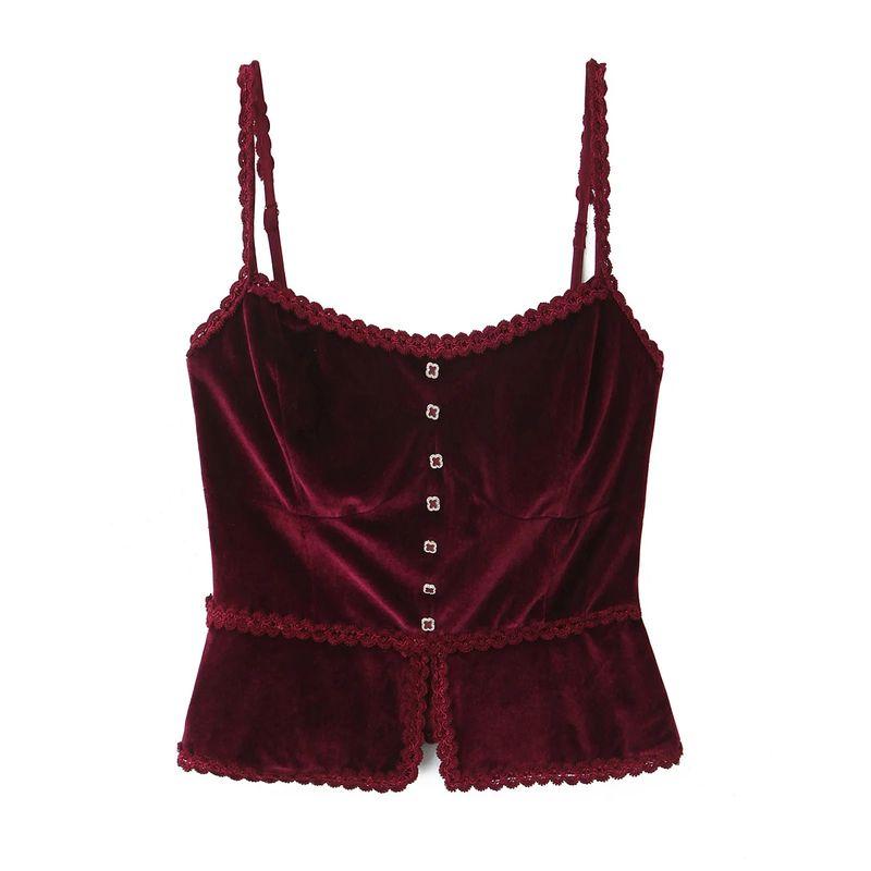 Spring New Women's Clothing French Sexy Style Lace Silm Four-Leaf Clover Decorative Buttons Velvet Spaghetti Straps Vest