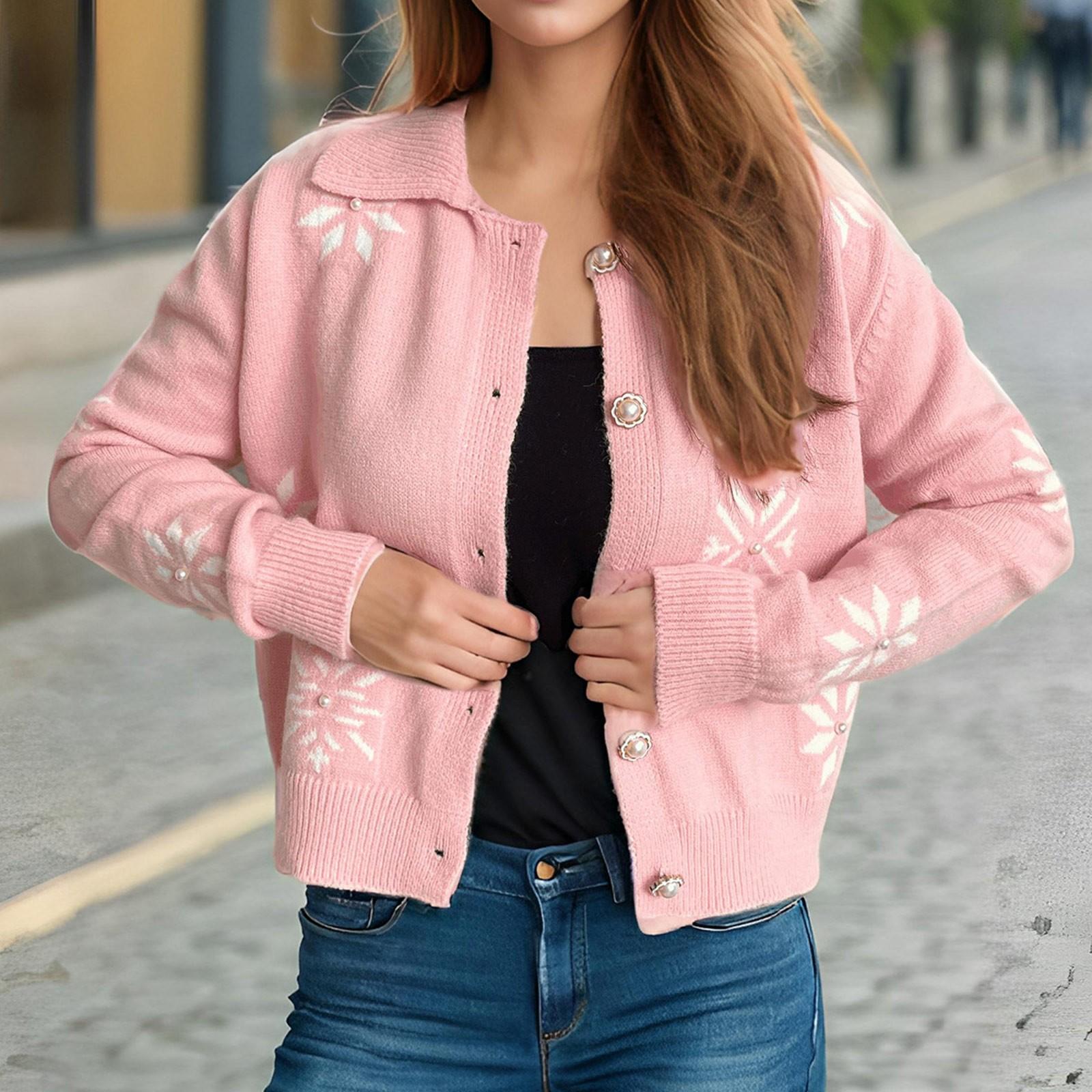 

Осенне-зимний вязаный кардиган с бисером для женщин со снежинками на лацканах, свежий и милый стиль, мягкие и липкие длинные рукава, универсальный свитер S розовый