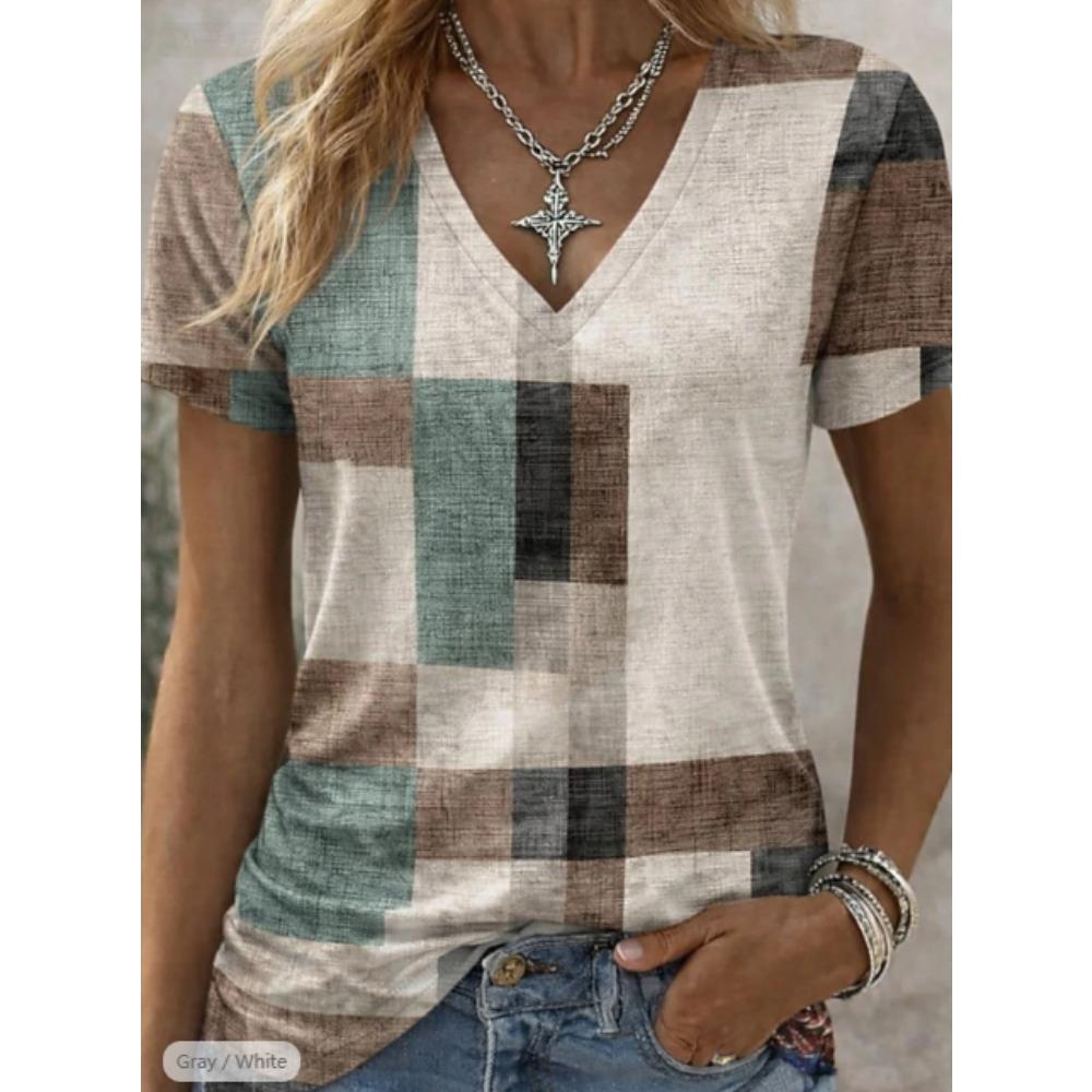 Women Summer T Shirt  Abstract Geometric Pattern Print Short Sleeve Tees Casual Printed Tops