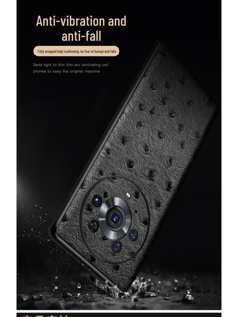 Honor Magic6Pro Lederschutzhülle mit Straußenmuster, Rundum-Schutzhülle aus Rindsleder für Honor Magic6 Telefon.