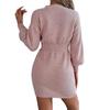 Women's Autumn and Winter Popular Button V-neck Fried Dough Twists Lantern Sleeve Buttocks Wool Dress
