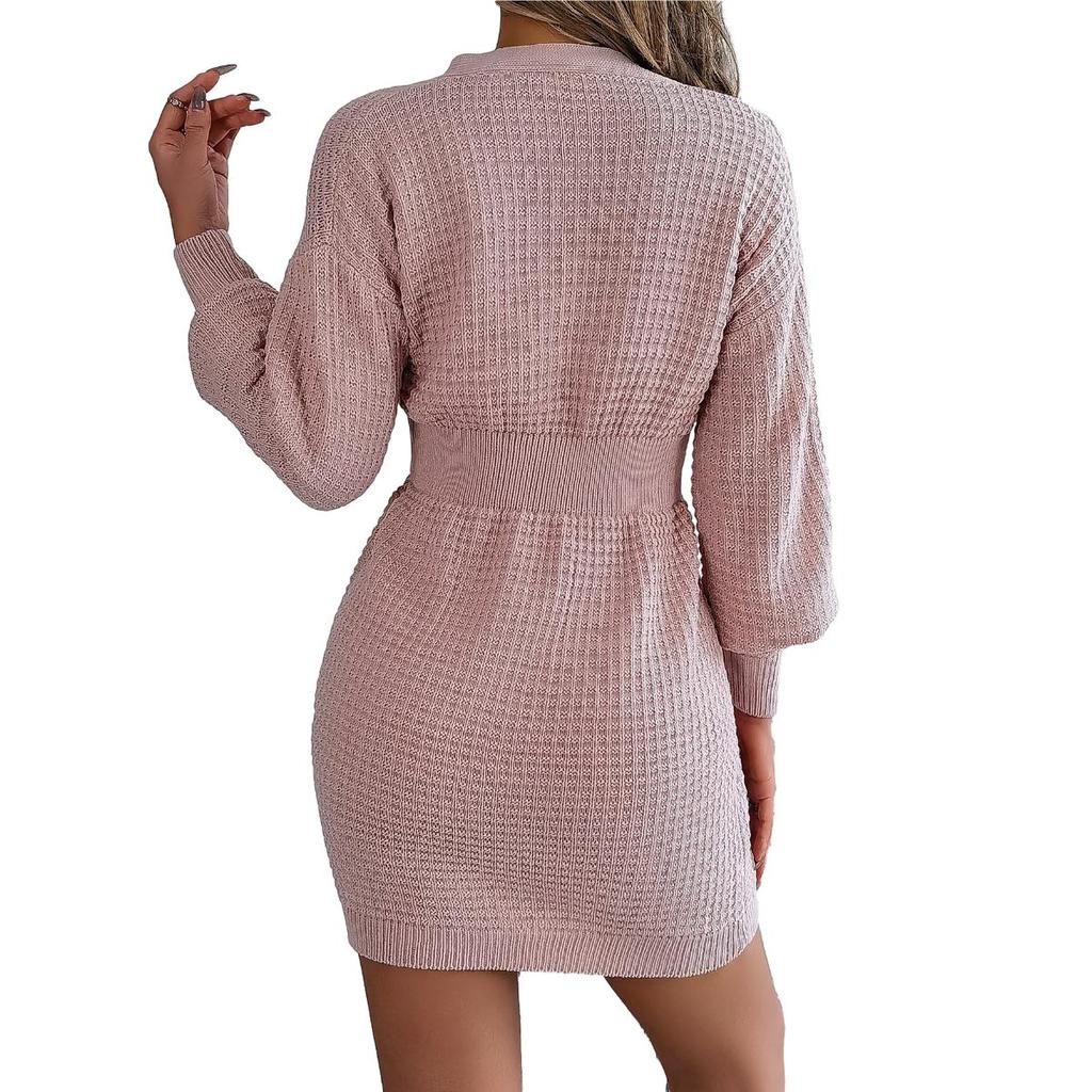 Women's Autumn and Winter Popular Button V-neck Fried Dough Twists Lantern Sleeve Buttocks Wool Dress
