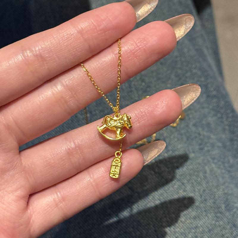 K real gold electroplated pony peace talisman necklace new Chinese retro temperament clavicle chain natal year light luxury neck chain