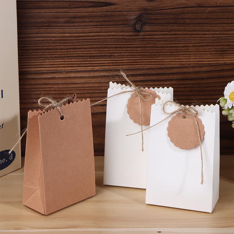 20/50Pcs Retro Kraft Paper Gift Box White Brown Cookie Candy Packaging Bag With Rope Tags Birthday Wedding Party Gifts Supplies