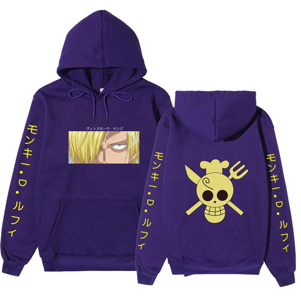One Piece Sanji Hoodie, Chef Pirate Skull Logo Japanese Letter Sleeve Print Pullover Sweatshirt Unisex Streetwear