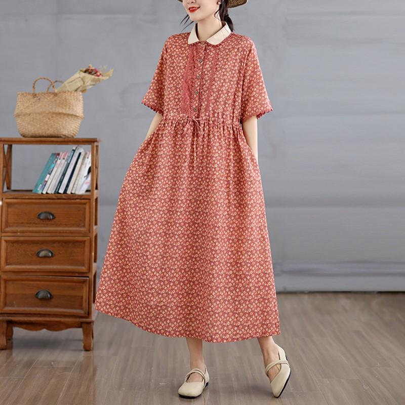 Krótki rękaw Plus size Bawełna Len vintage kwiatowy nowość sukienki dla kobiet casual luźna długa letnia sukienka