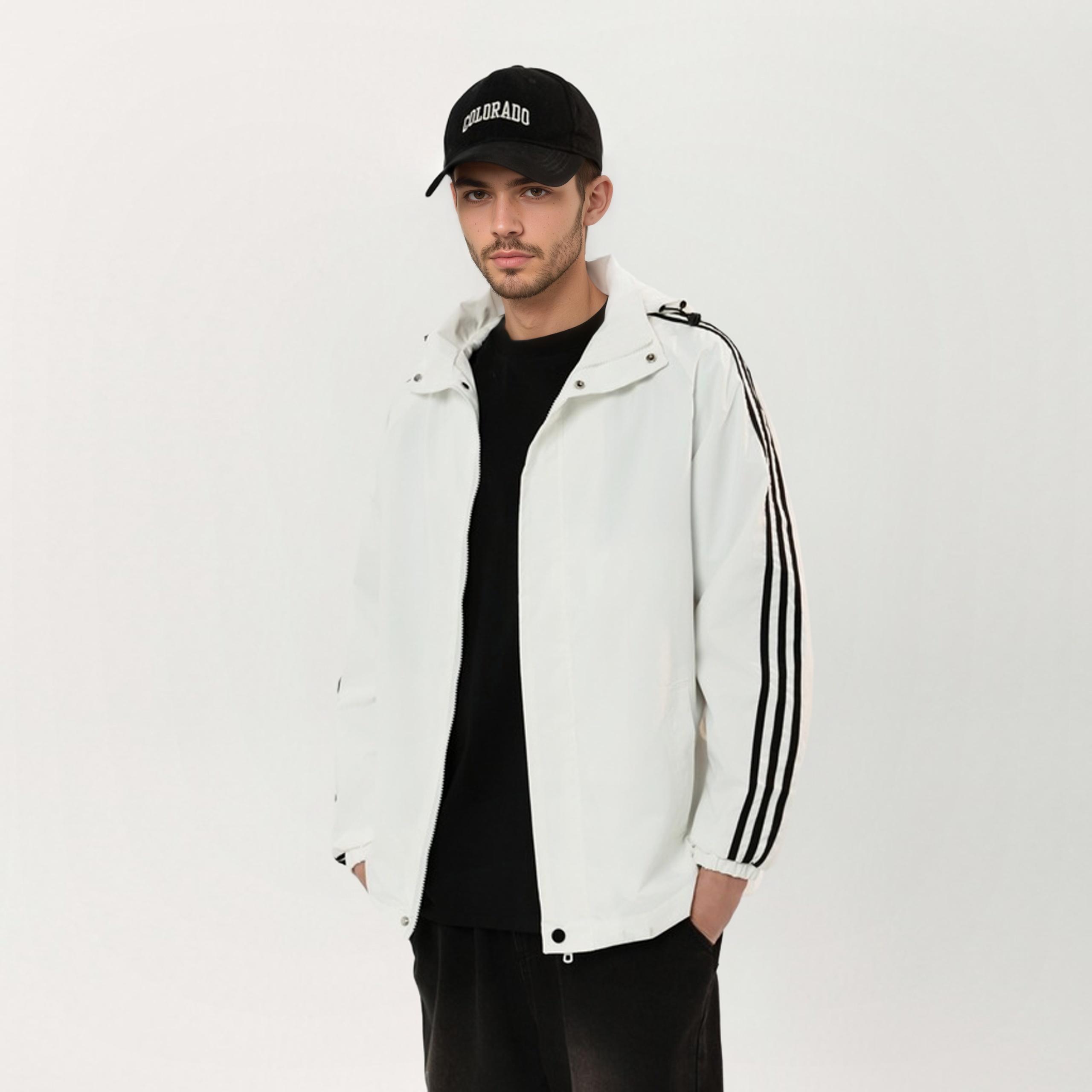 

Куртка с капюшоном на молнии с полосками на рукавах - Детали с кнопками, Удобная повседневная верхняя одежда для ежедневных городских и досуговых образов 4XL белый