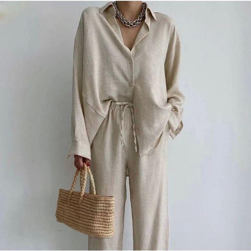 Loose Collar Shirt Wide Leg Pants Set Loose Lapels Shirt Loose Pants Suit