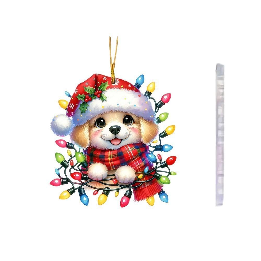 Christmas Acrylic Flat Surface Pendant With Cute Puppy Checkered Design Scarf