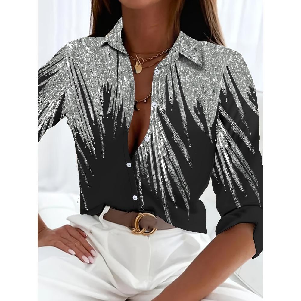 Elegante Damenmode Bluse 2023 Frühling & Herbst Digitales Kettenmuster Hemd Pendler Schlank Büro Damenbluse S-5XL