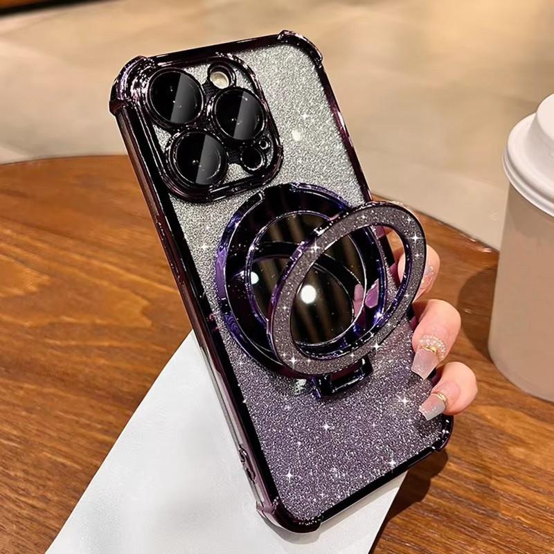 For iPhone 18 17 16 15 14 Pro Max Series Bling Glitter Mirror Kickstand Full Lens Protect Phone Case