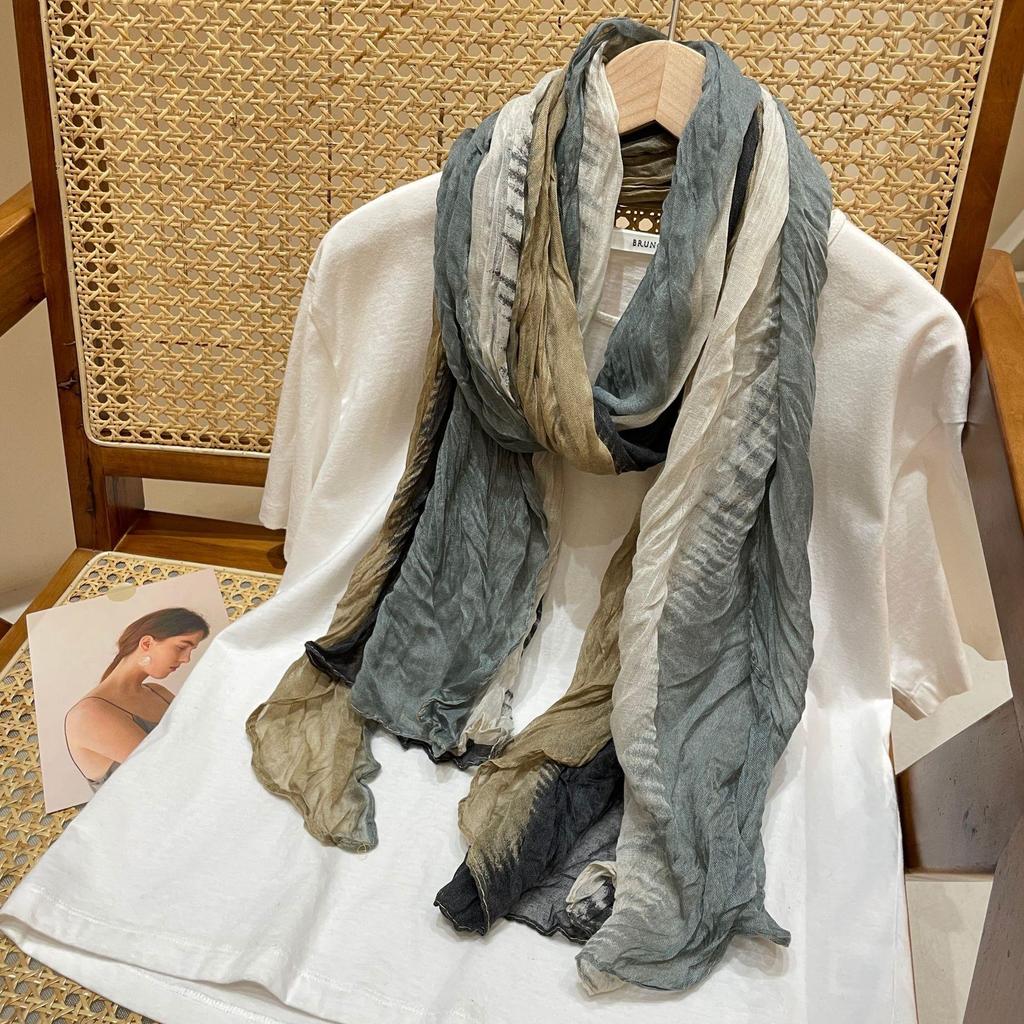 Literature and Art, Fresh and Retro, Gradual Change of Color, Long Cotton and Linen Scarf, Shawl, Foreign Style, Versatile Folds, Multi-colored Scarf