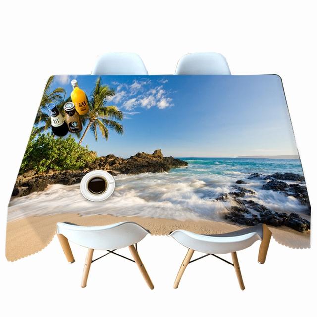 Beach Waves Pattern Coconut Tree Tablecloth Dustproof Thicken Cotton Rectangular Round Table Cloth For Wedding Picnic Party