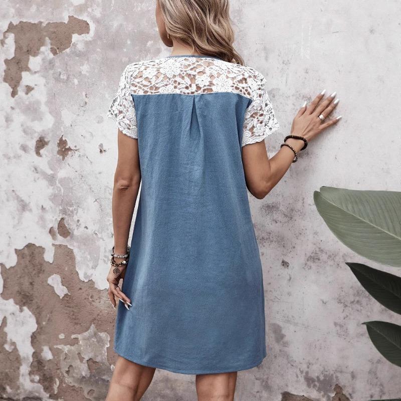 Spring and Summer Women's Casual Loose Color-blocking Lace Patchwork Pocket Dress