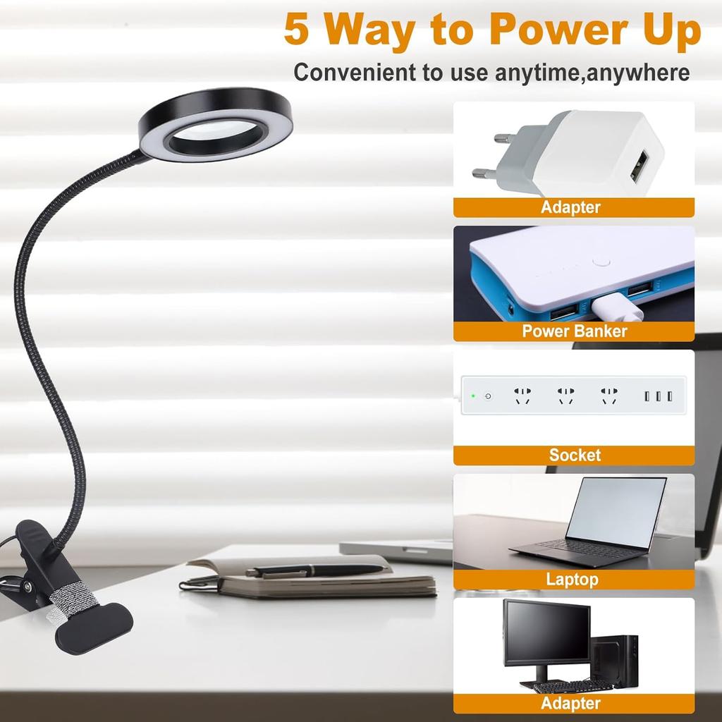 LED Magnifying Lamp with Clip, 10x Magnification, 3 Color Modes, Adjustable Brightness, Flexible for Reading, Painting, Crafting