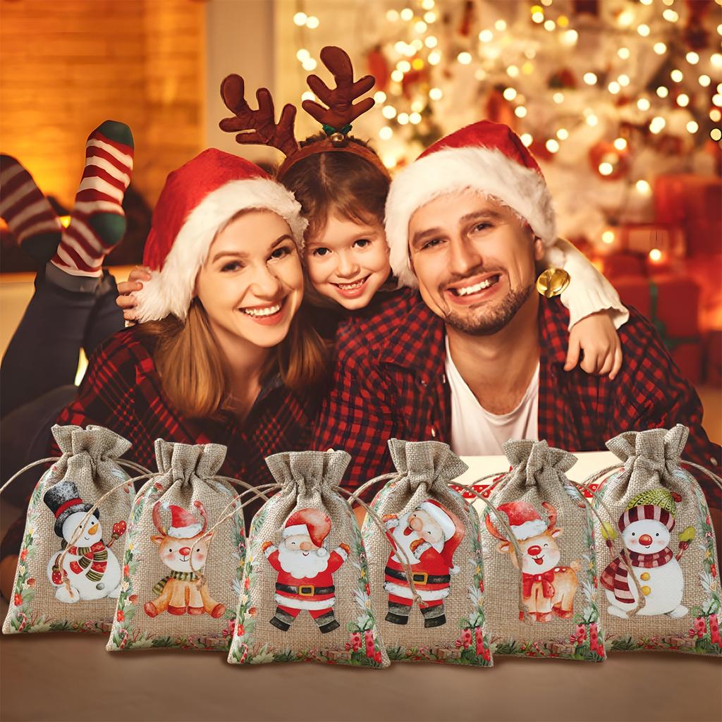 6Pcs Santa Claus Elk Bells Small Bear Drawstring Natural Burlap Bag Jute Gift Bag 10x15cm Cotton Linen Christmas Print Gift Bag
