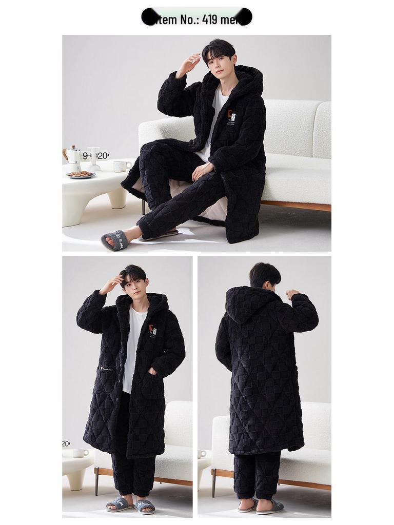 2024 Men's Quilted Winter Hooded Pajama Bathrobe - Warm, Thick Coral Fleece Outerwear