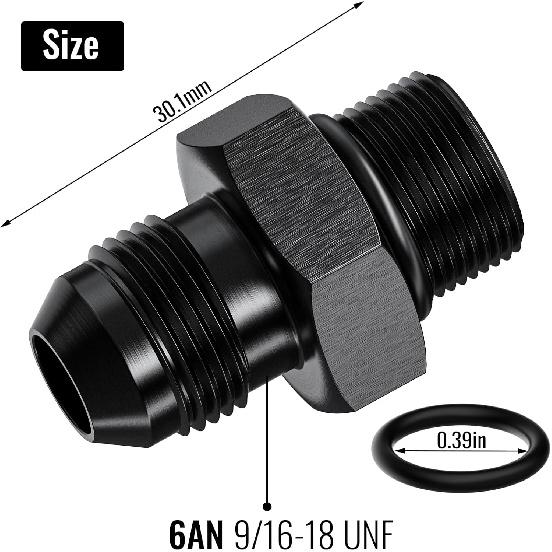 2Pcs 6AN Male to 6AN ORB Male Flare Fitting Adapter with O-Ring, Straight Black Hard Aluminum Hex Anodized Connector, Automotive Accessories Suitable