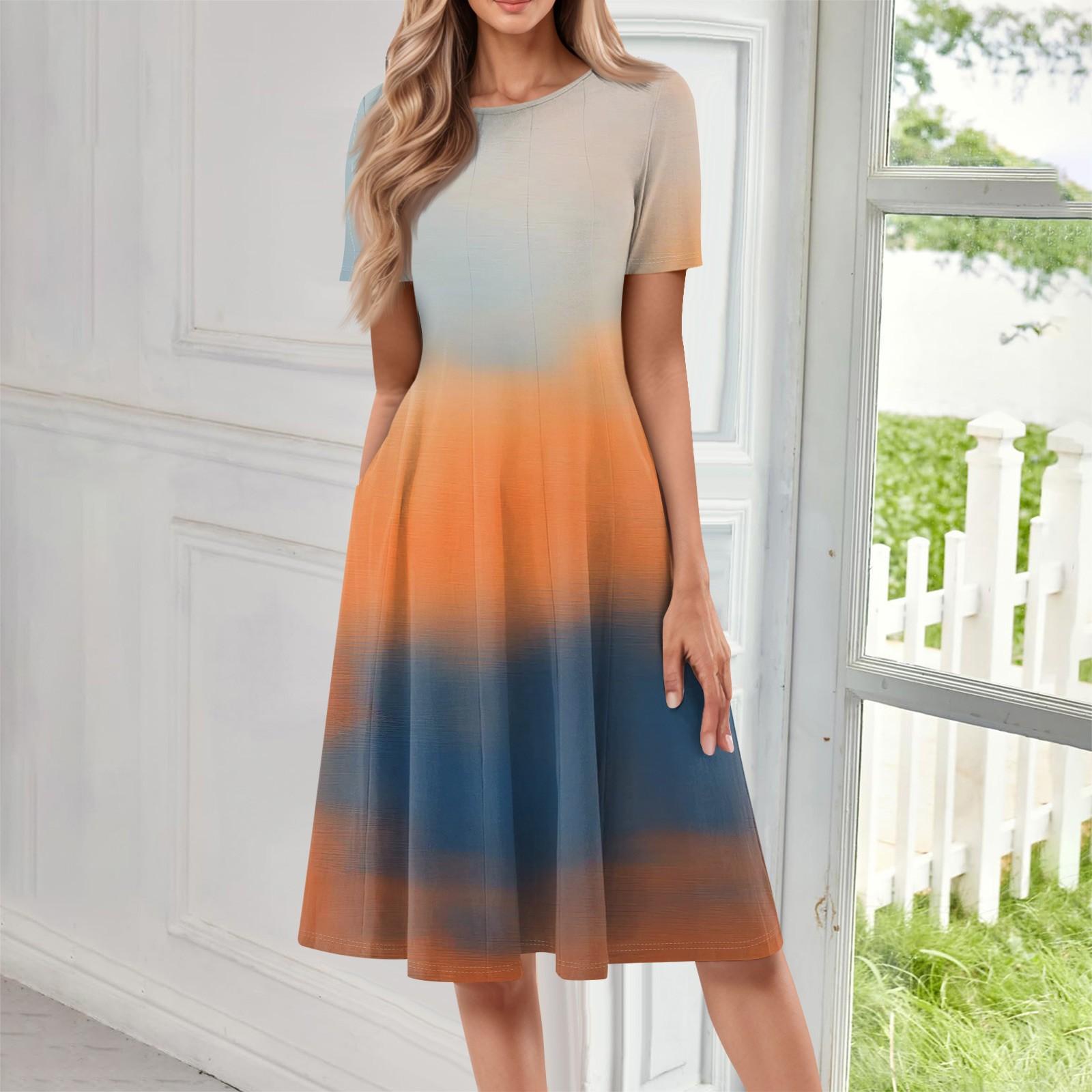 

Женское свободное повседневное и модное платье с круглым вырезом и короткими рукавами, средней длины с принтом S оранжевый