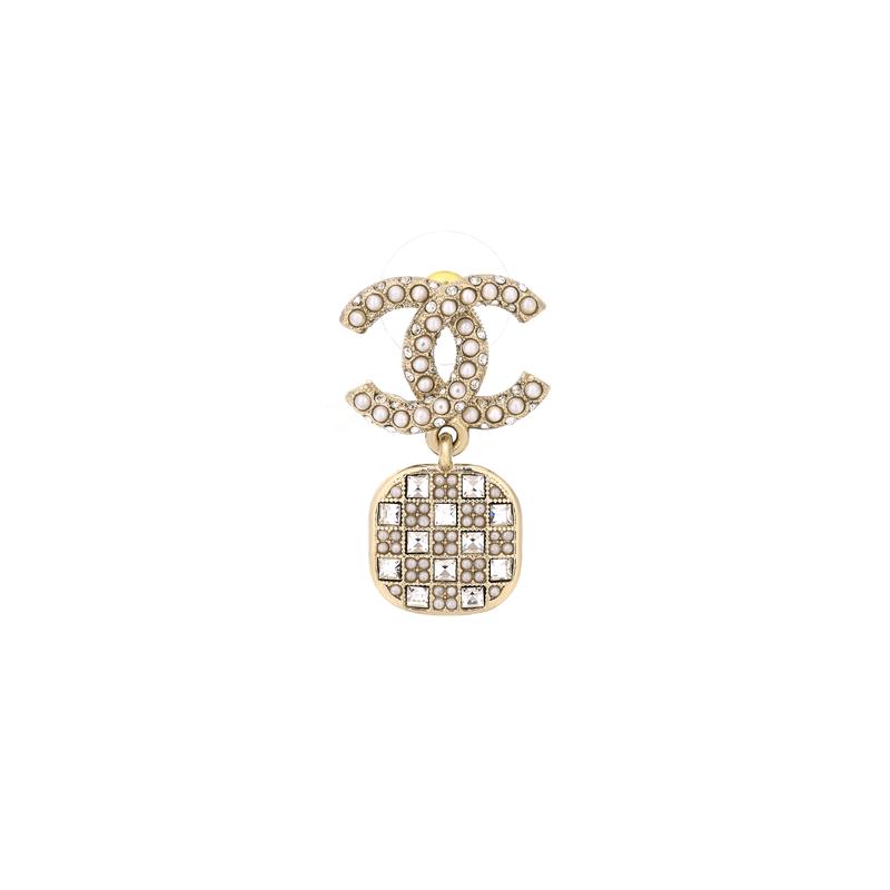 CHANEL pearl logo crystal pendant earrings