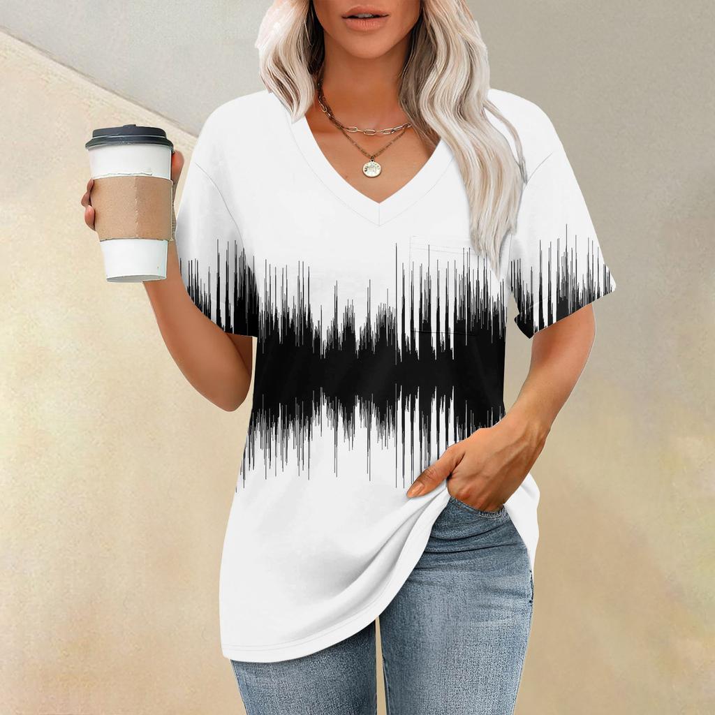 Fashion Pocket V-Neck Short Sleeve Striped Print T-Shirt Top