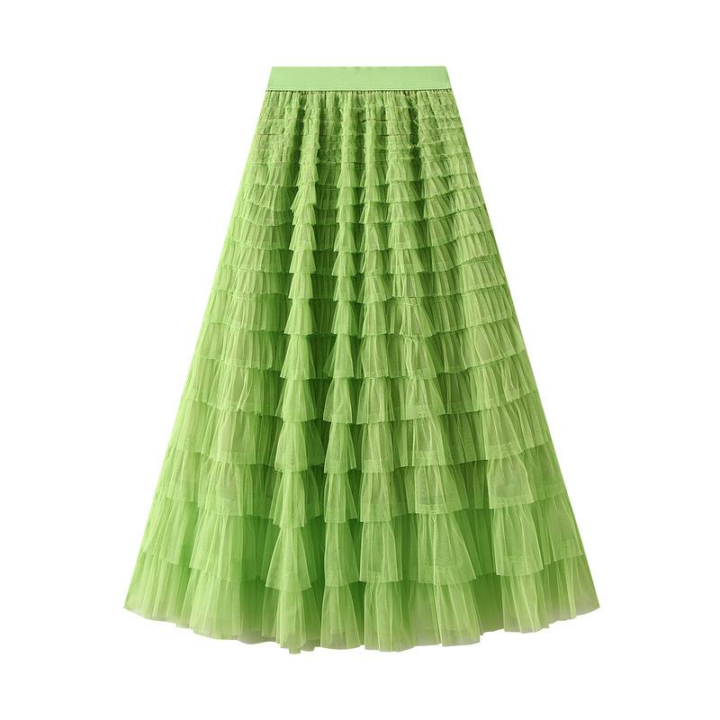 Women's Sweet Black White Tutu Skirts Tulle Cake Long Skirt Women Spring Summer Ruffle Pleated A-Line Chic Skirt