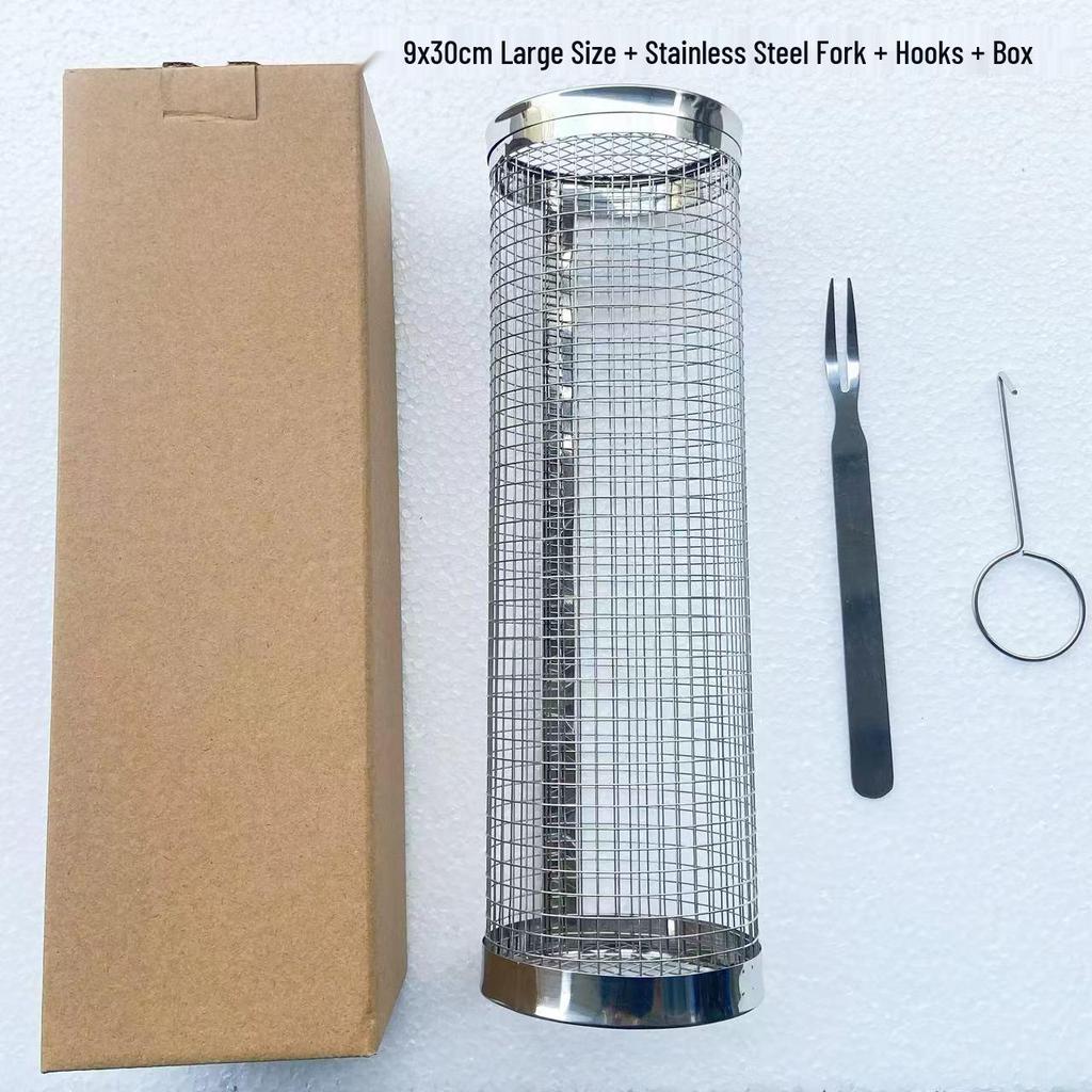 Rotating BBQ Grill Basket: 304 Stainless Steel with Wooden Handle