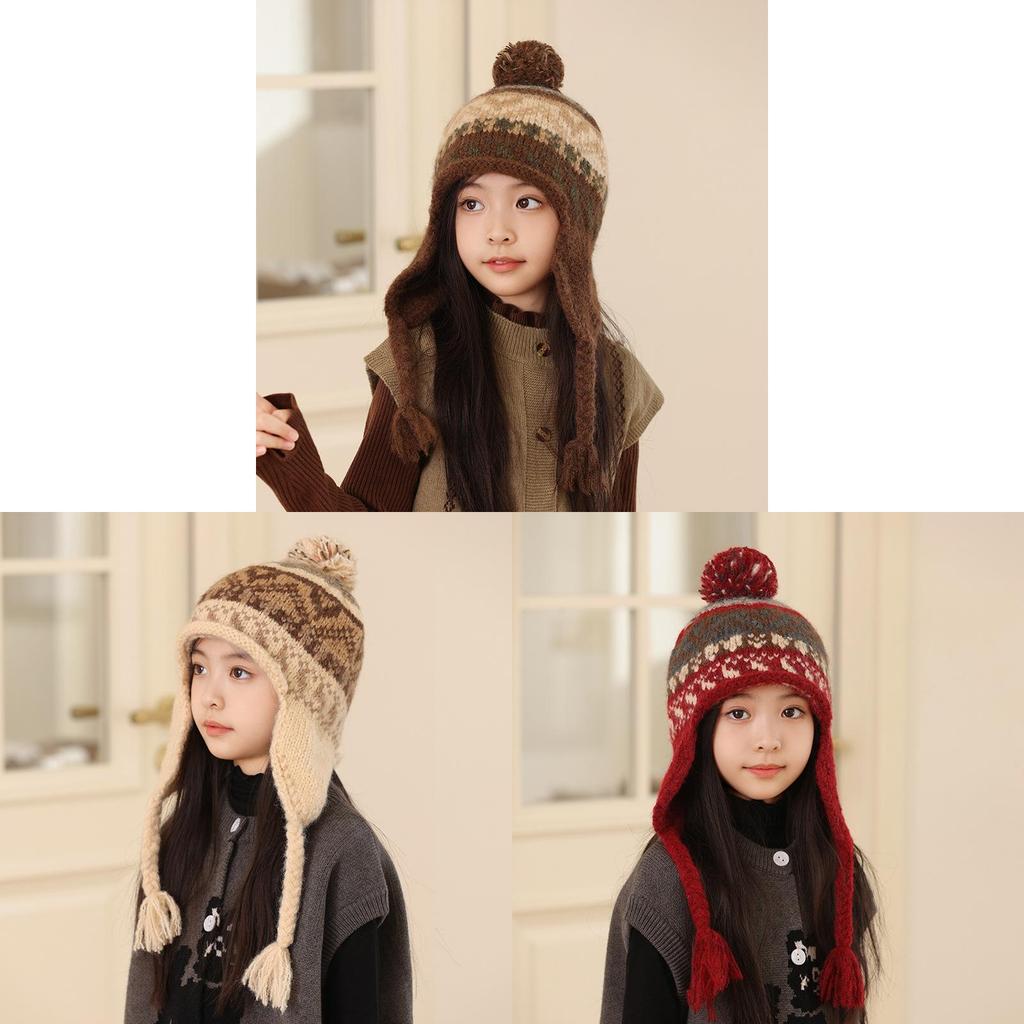 Kids Winter Knit Earflap Hat With Pom Pom For Outdoor Snow Play And Cold Weather